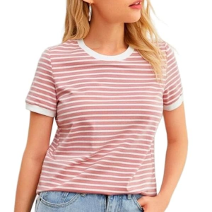 Stripe Line Printed Short Sleeve Regular Fit Pure Cotton Top for Women