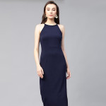 Women Navy Blue Solid Midi Sheath Dress