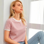 Stripe Line Printed Short Sleeve Regular Fit Pure Cotton Top for Women